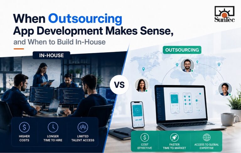 Comparison graphic showing in-house and outsourcing app development across cost, speed, and talent access.