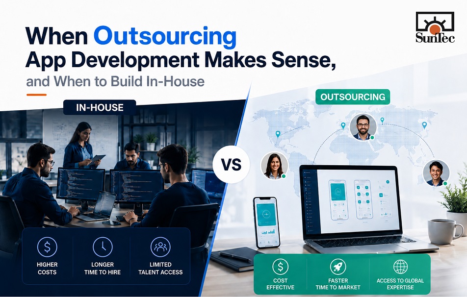Comparison graphic showing in-house and outsourcing app development across cost, speed, and talent access.