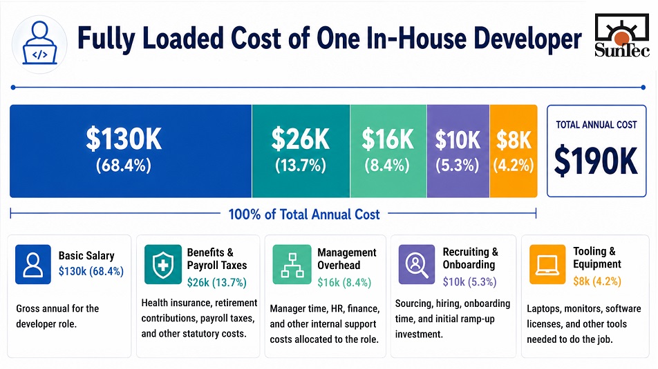 Stacked bar chart showing the fully loaded cost of an in-house developer, including base salary, benefits, overhead, recruiting, and tooling.
