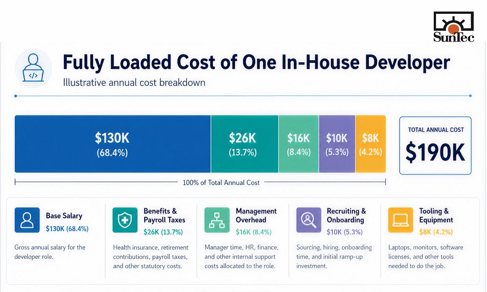 Stacked bar chart showing the fully loaded cost of an in-house developer, including base salary, benefits, overhead, recruiting, and tooling.
