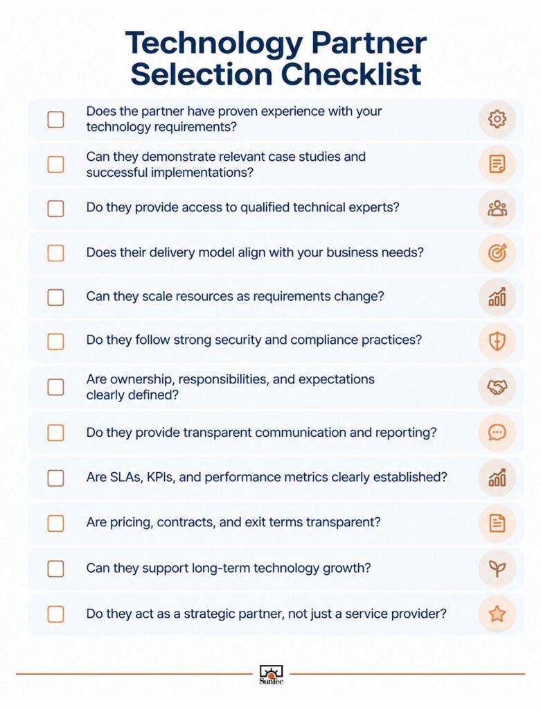 Technology partner selection checklist outlining key evaluation